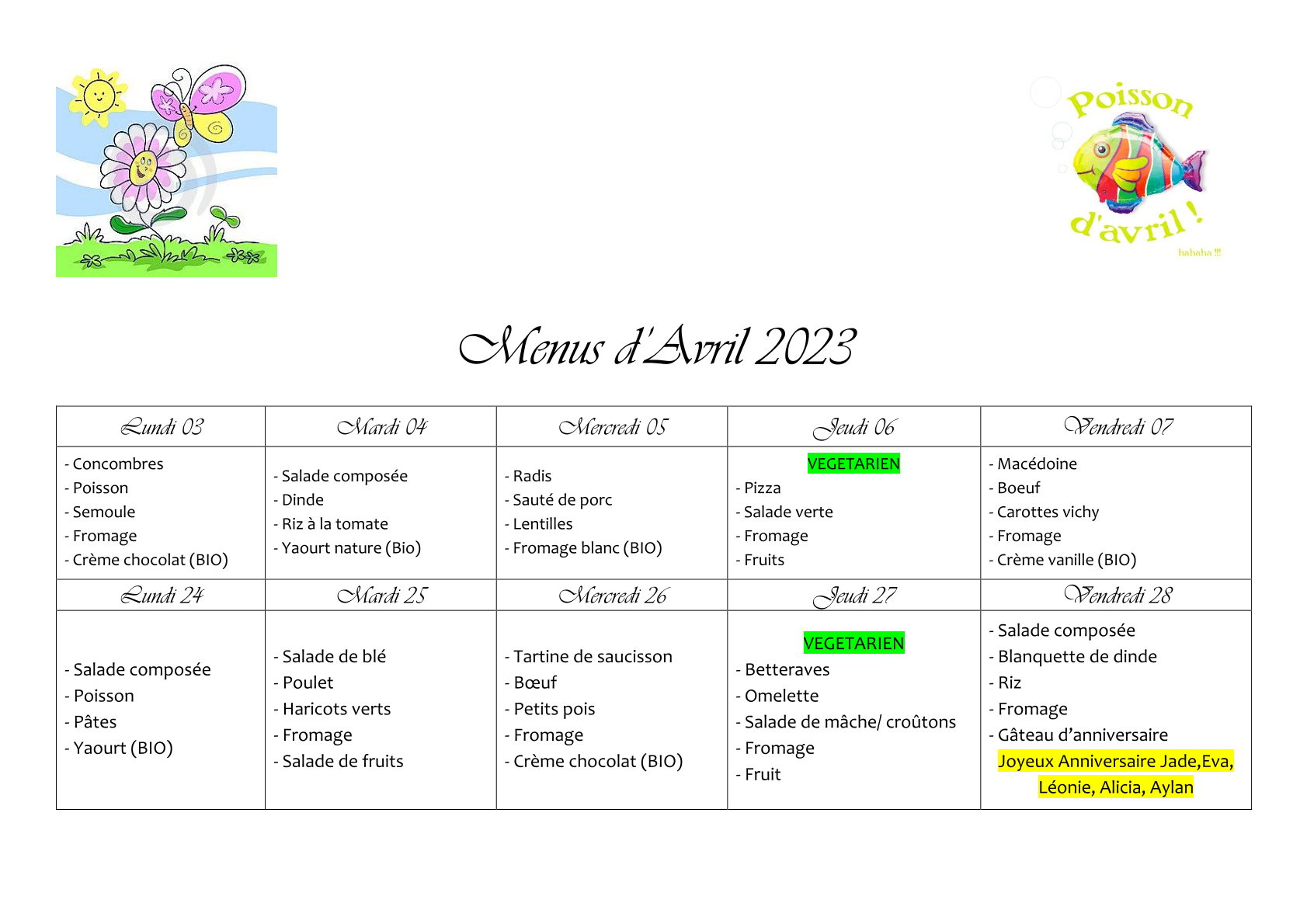 Menus Avril 2023